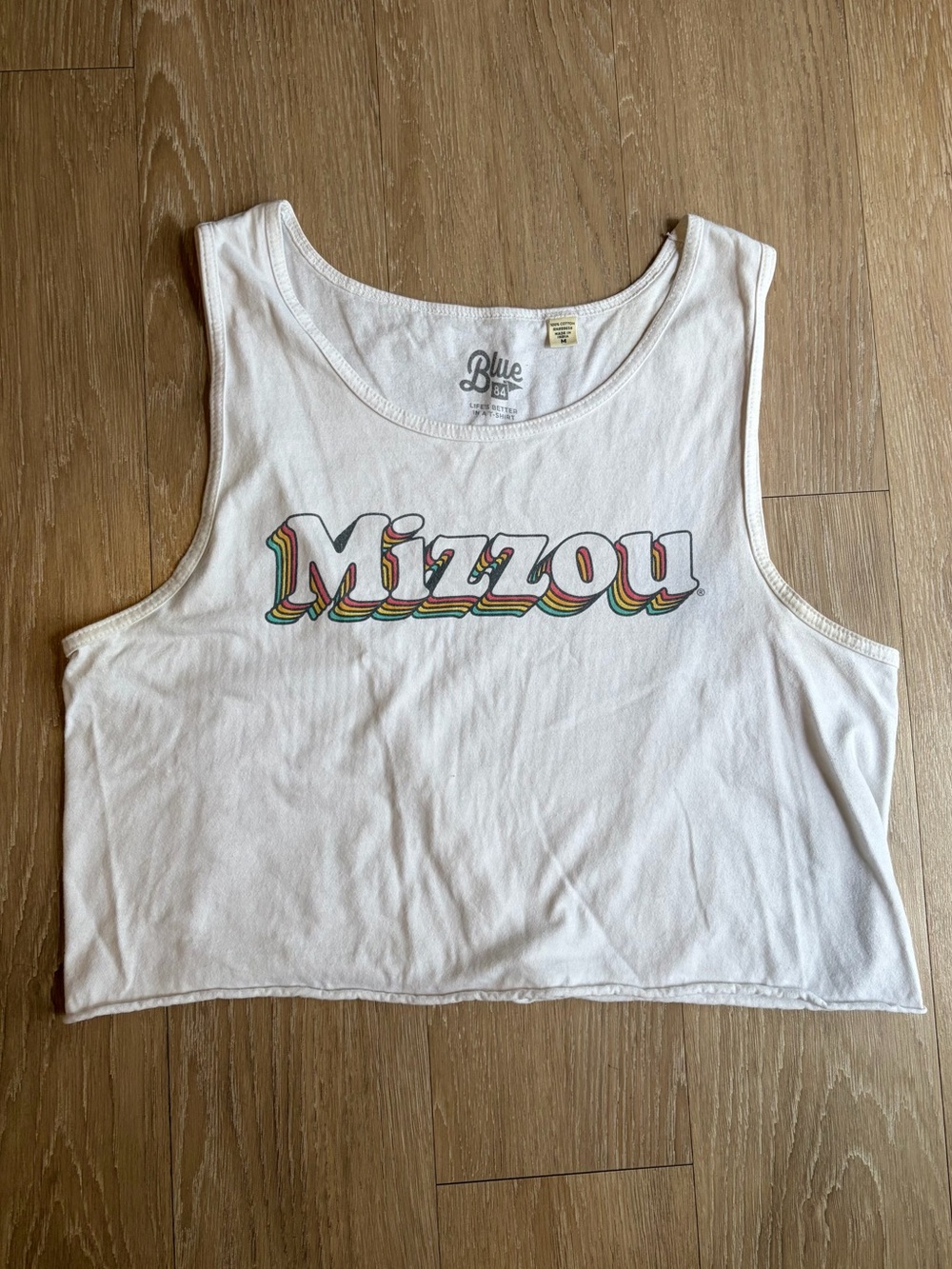 Blue 84 100% Cotton White Mizzou Cropped Tank with Rainbow “Mizzou” Outline